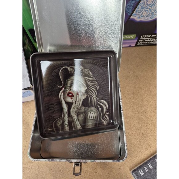 Tattooed Money-Themed Metal Storage Box W/ Removable Tray For Jewelry Keepsakes - Picture 4 of 8